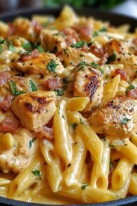 Creamy Italian Chicken Pasta in a large skillet with Parmesan and fresh parsley garnish