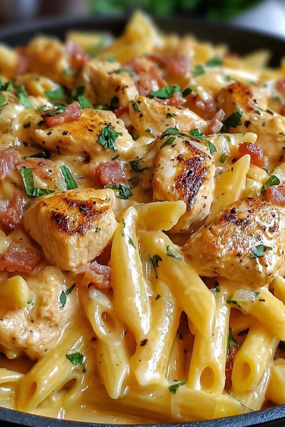 Creamy Italian Chicken Pasta in a large skillet with Parmesan and fresh parsley garnish