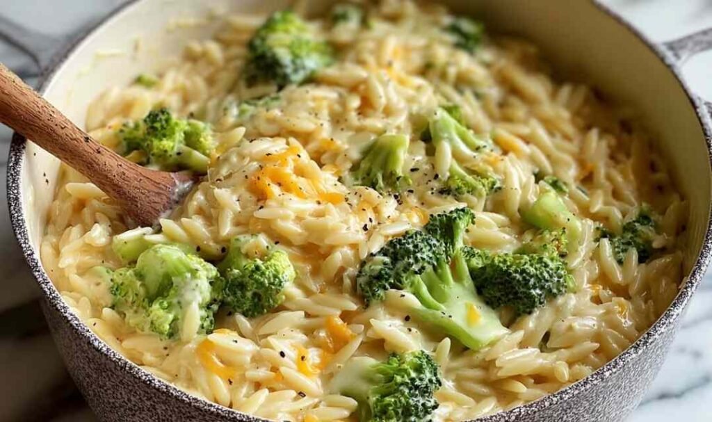 Creamy one-pot broccoli cheddar orzo in a large pot topped with extra shredded cheddar and black pepper