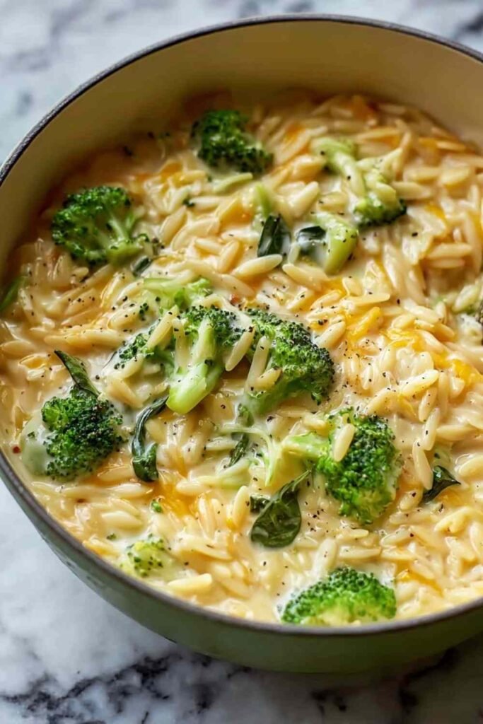 Creamy one-pot broccoli cheddar orzo in a large pot topped with extra shredded cheddar and black pepper