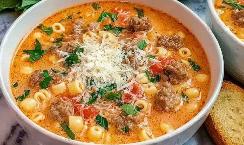 Creamy Parmesan Italian beef sausage soup in a white bowl topped with freshly grated Parmesan and chopped parsley showing the rich silky broth
