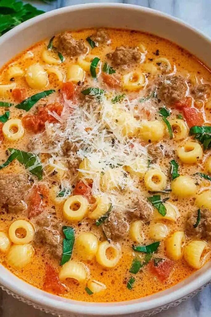 Creamy Parmesan Italian beef sausage soup in a white bowl topped with freshly grated Parmesan and chopped parsley showing the rich silky broth