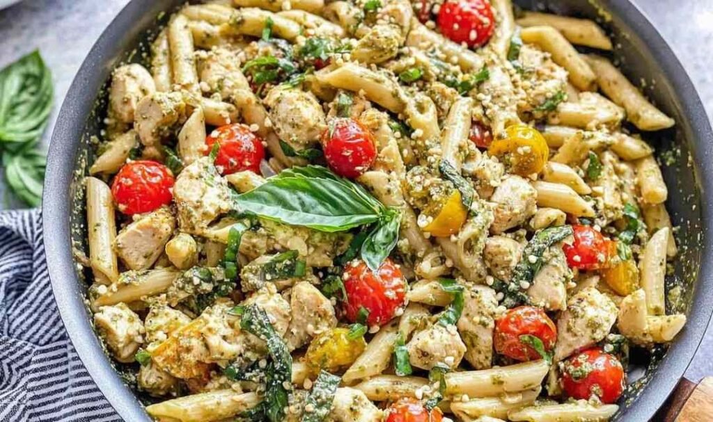 Easy chicken pesto pasta with cherry tomatoes and spinach tossed in a skillet with basil pesto