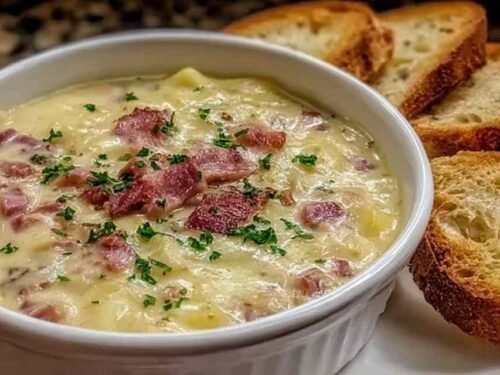 A bowl of creamy Reuben soup topped with rye bread croutons and fresh parsley, served as a comforting weeknight dinner