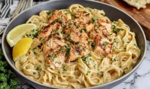 A bowl of creamy salmon pasta with fettuccine, flaked salmon, and fresh dill in a lemon parmesan cream sauce