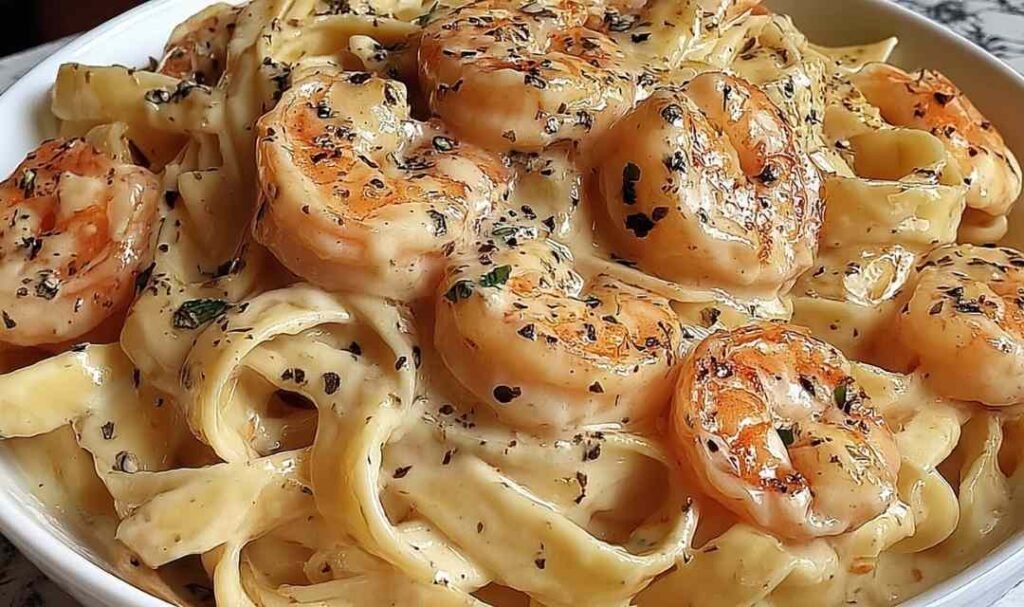 Creamy shrimp fettuccine Alfredo in a large skillet garnished with fresh parsley and Parmesan