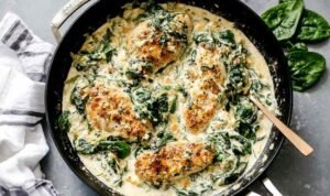 Creamy spinach chicken in a skillet with golden chicken cutlets and wilted spinach in garlic cream sauce
