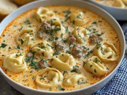 Creamy Tortellini Soup in a Dutch oven with cheese tortellini, Italian sausage, kale, and creamy tomato broth
