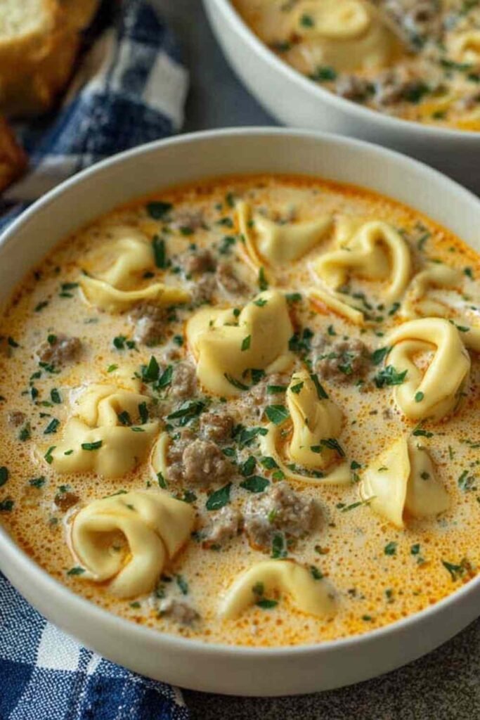Creamy Tortellini Soup in a Dutch oven with cheese tortellini, Italian sausage, kale, and creamy tomato broth