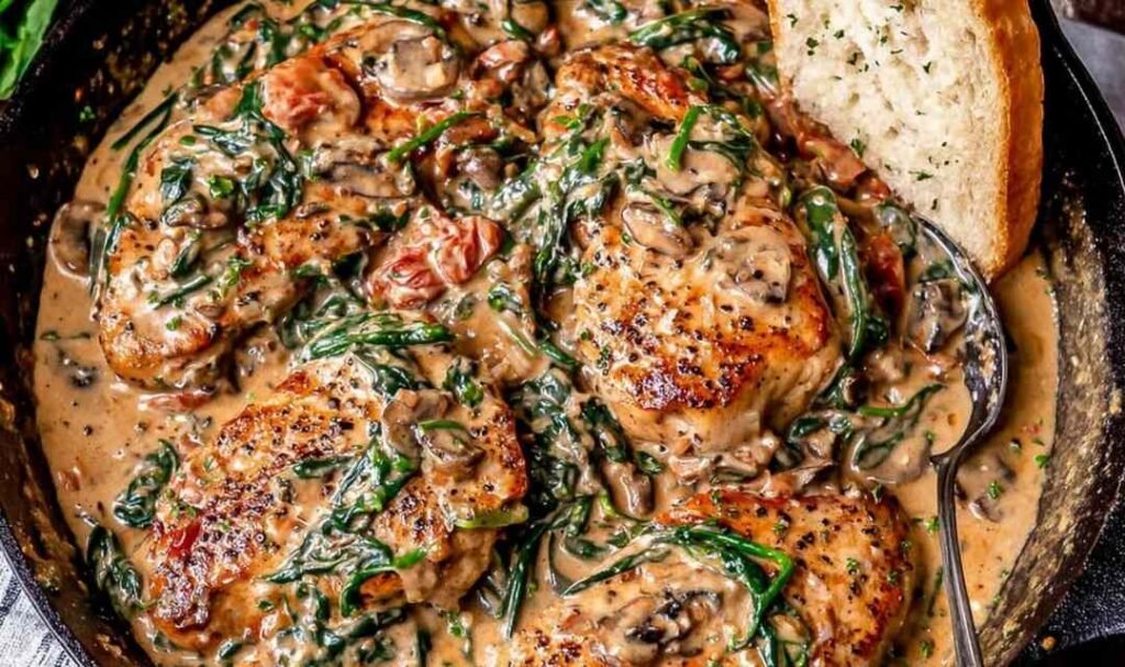 Creamy Tuscan chicken with sun-dried tomatoes and spinach in a cast iron skillet