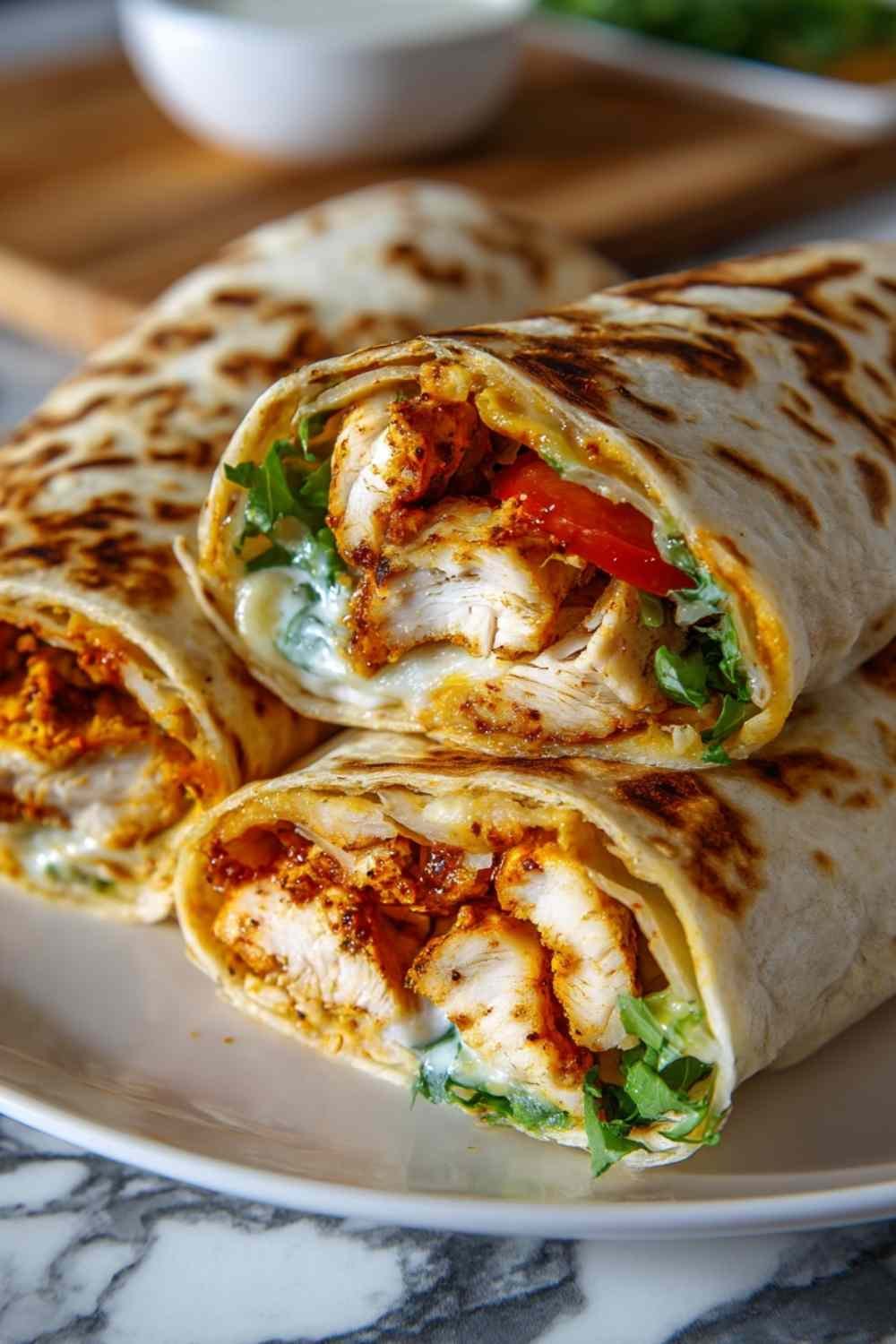 Crispy air fryer chicken mozzarella wraps sliced in half showing melted mozzarella cheese and seasoned chicken strips inside a golden crunchy tortilla