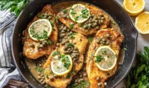 Easy Chicken Piccata with Lemon Butter Caper Sauce Homemade Chicken Piccata served on a white plate with lemon slices, capers, and fresh parsley garnish