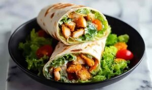 Crispy chicken ranch snack wrap cut in half showing golden breaded chicken, cheddar, shredded lettuce, and creamy ranch inside a flour tortilla
