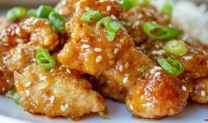 Crispy Chinese honey garlic chicken served over white rice with sesame seeds and sliced green onions