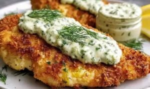 Crispy Dill Pickle Parmesan Chicken on a wire rack showing a golden panko Parmesan crust with flecks of fresh dill