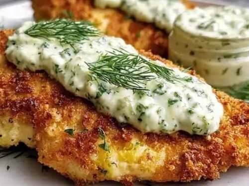 Crispy Dill Pickle Parmesan Chicken on a wire rack showing a golden panko Parmesan crust with flecks of fresh dill