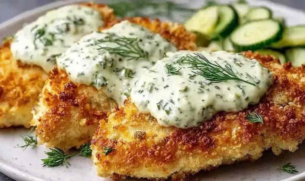 Crispy Dill Pickle Parmesan Chicken on a wire rack showing a golden panko Parmesan crust with flecks of fresh dill