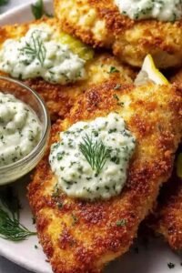 Crispy Dill Pickle Parmesan Chicken on a wire rack showing a golden panko Parmesan crust with flecks of fresh dill