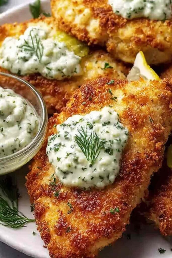 Crispy Dill Pickle Parmesan Chicken on a wire rack showing a golden panko Parmesan crust with flecks of fresh dill