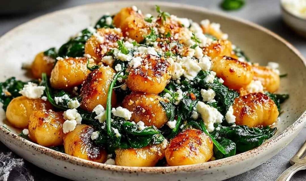 Crispy gnocchi with spinach and feta in a large skillet showing golden pan-fried gnocchi with wilted spinach and crumbled feta cheese