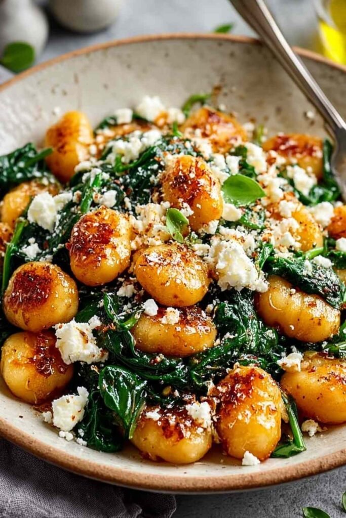 Crispy gnocchi with spinach and feta in a large skillet showing golden pan-fried gnocchi with wilted spinach and crumbled feta cheese