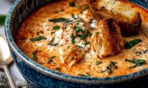 Crock Pot Creamy Chicken Parmesan Soup served in a white bowl topped with fresh basil and grated Parmesan