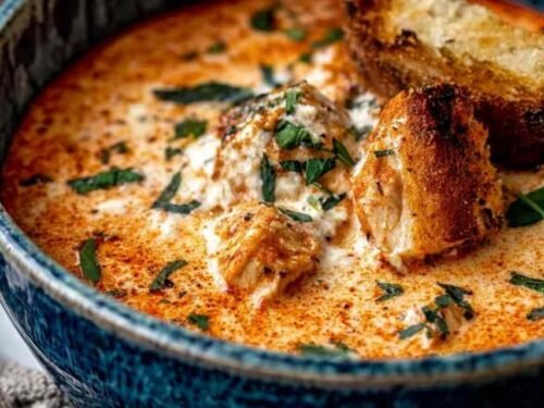 Crock Pot Creamy Chicken Parmesan Soup served in a white bowl topped with fresh basil and grated Parmesan