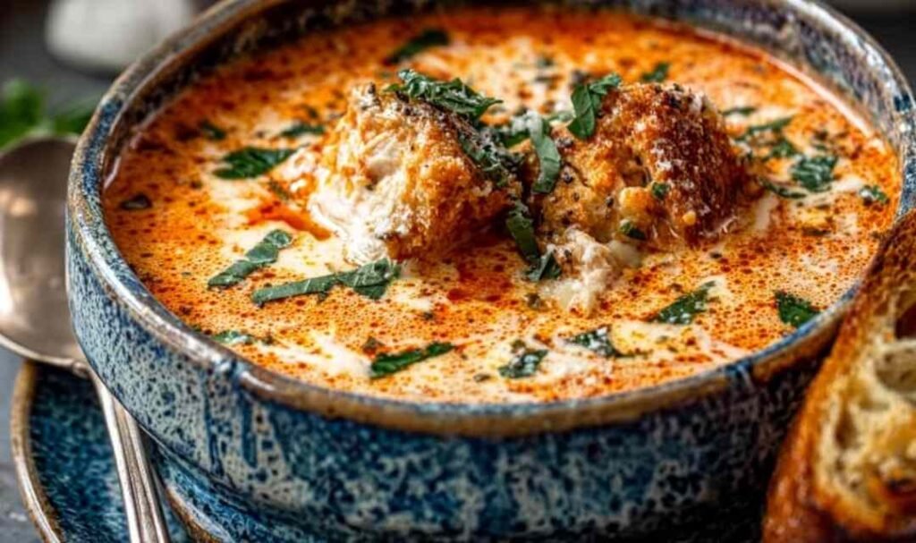 Crock Pot Creamy Chicken Parmesan Soup served in a white bowl topped with fresh basil and grated Parmesan