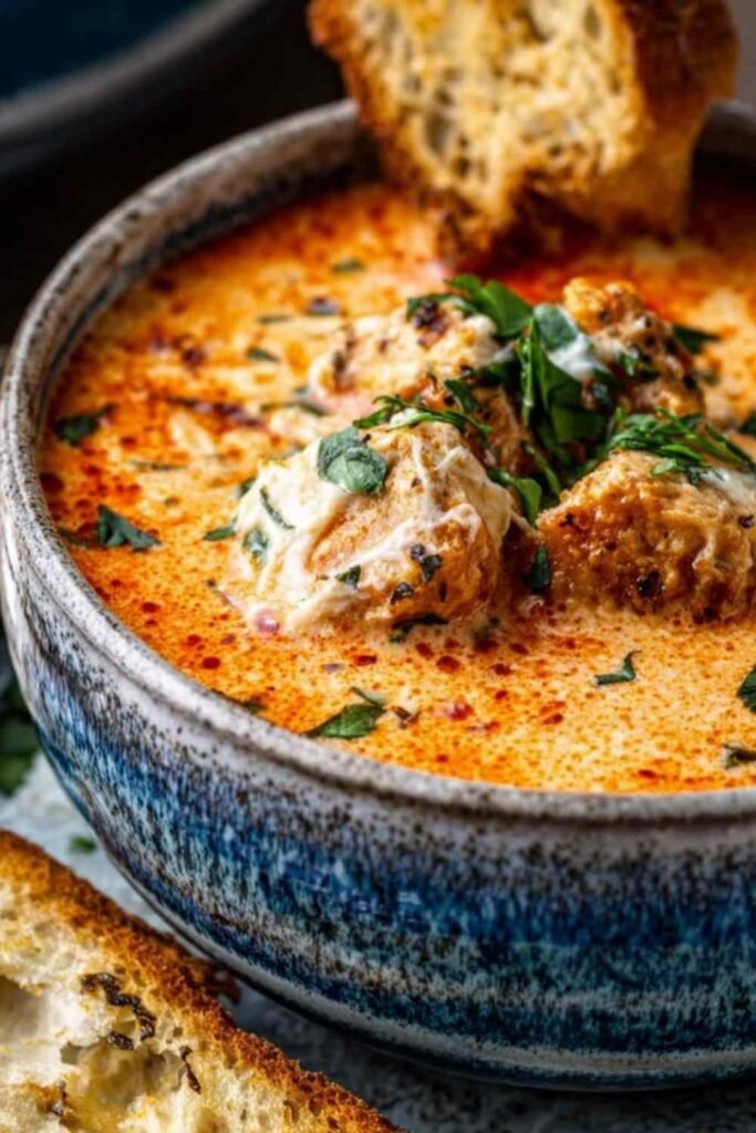 Crock Pot Creamy Chicken Parmesan Soup served in a white bowl topped with fresh basil and grated Parmesan