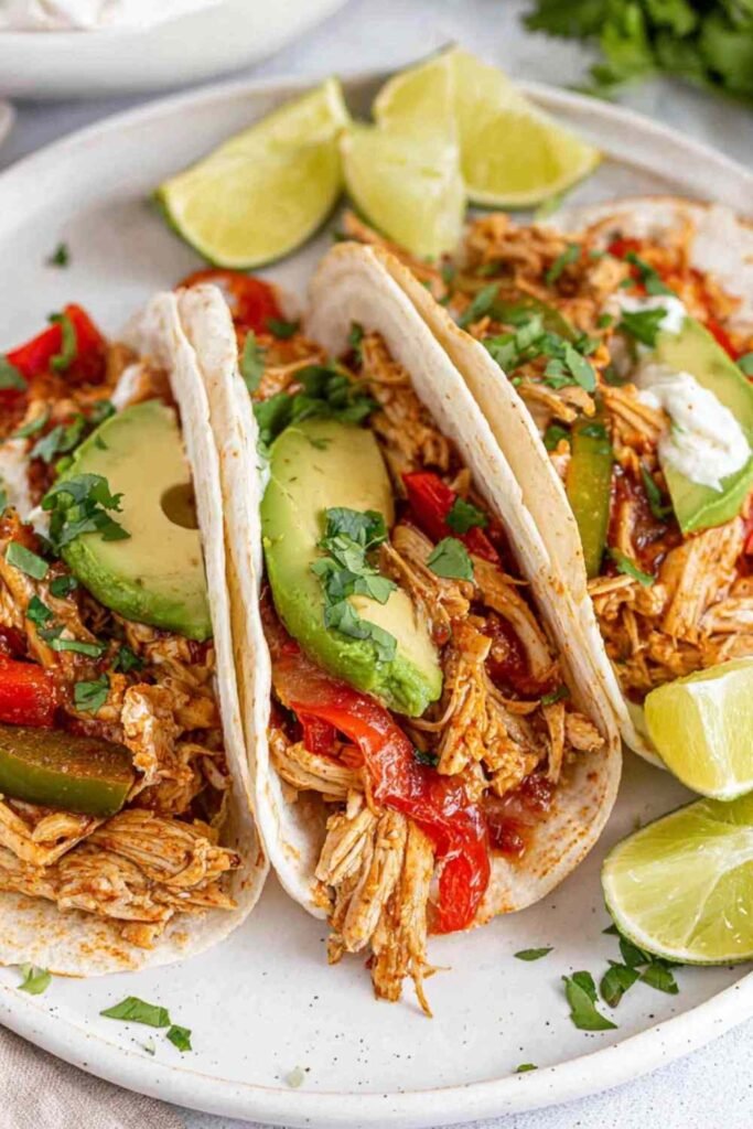 Crockpot chicken fajitas with juicy shredded chicken, red and yellow bell peppers, and onions in a slow cooker