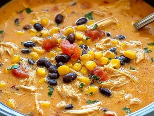 Close-up bowl of crockpot chicken tortilla soup topped with tortilla chips, shredded cheese, sour cream, and sliced avocado