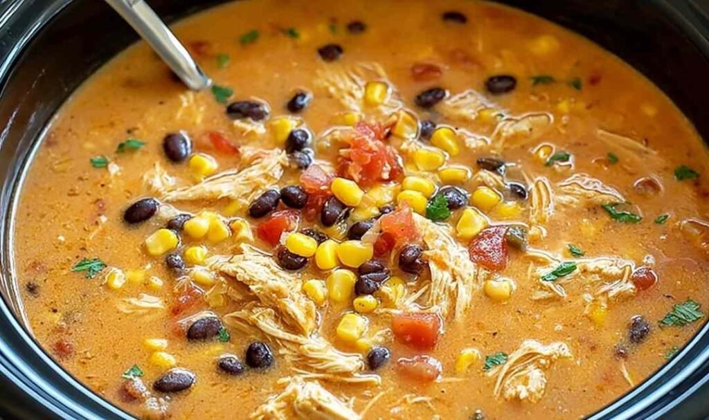Close-up bowl of crockpot chicken tortilla soup topped with tortilla chips, shredded cheese, sour cream, and sliced avocado