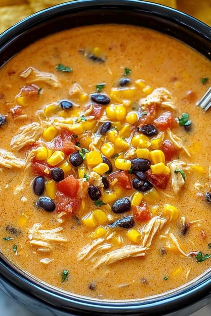 Close-up bowl of crockpot chicken tortilla soup topped with tortilla chips, shredded cheese, sour cream, and sliced avocado