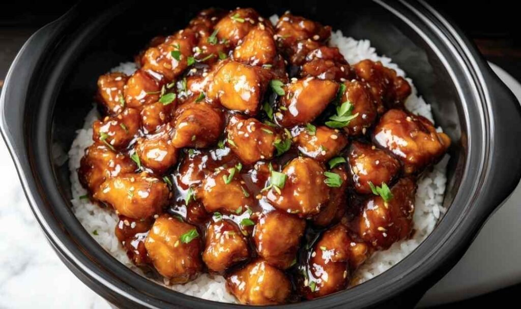 Crockpot General Tso's Chicken served over steamed white rice topped with sesame seeds and green onions