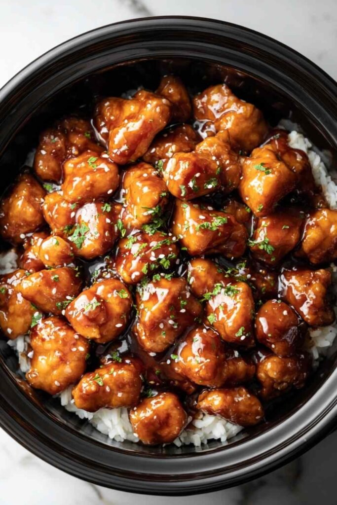 Crockpot General Tso's Chicken served over steamed white rice topped with sesame seeds and green onions