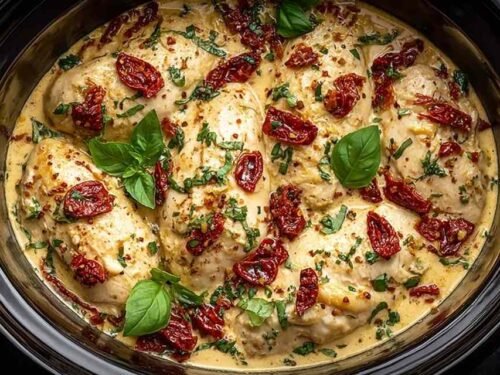 Crockpot Marry Me Chicken served over pasta with creamy sun-dried tomato sauce and fresh basil