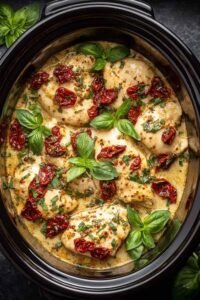 Crockpot Marry Me Chicken served over pasta with creamy sun-dried tomato sauce and fresh basil