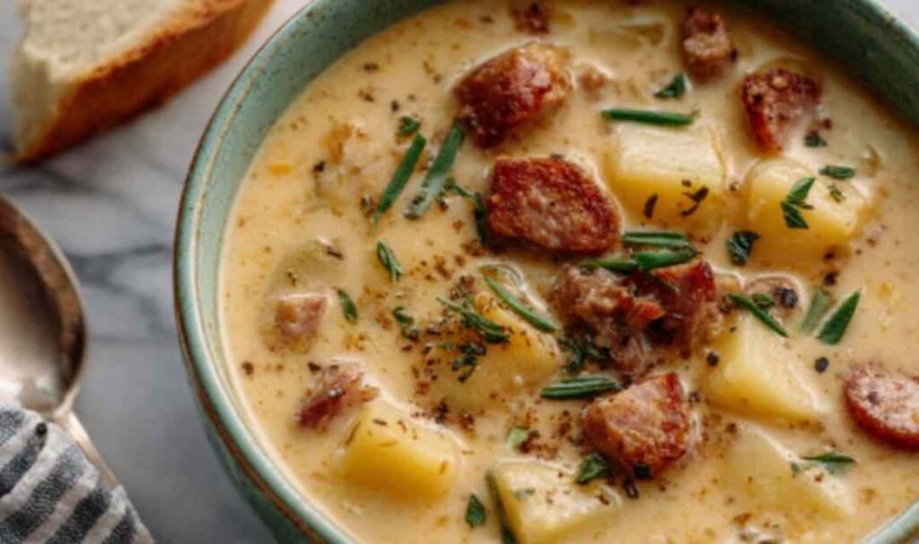 Creamy crockpot potato soup with sausage in a white bowl topped with cheddar cheese, crumbled bacon, and green onions