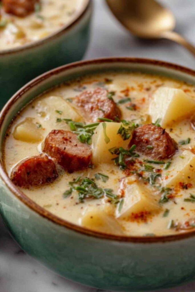 Creamy crockpot potato soup with sausage in a white bowl topped with cheddar cheese, crumbled bacon, and green onions