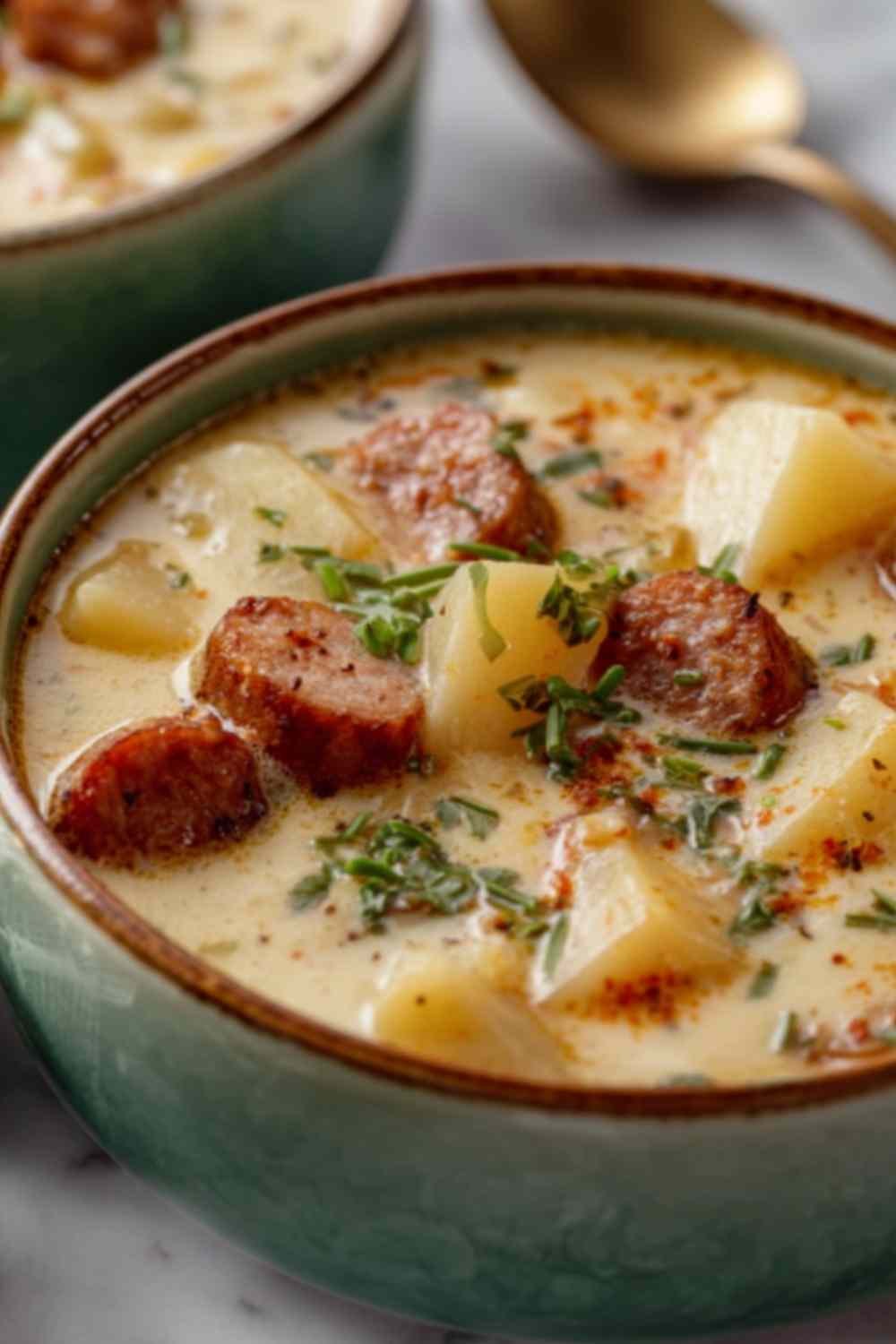 Creamy crockpot potato soup with sausage in a white bowl topped with cheddar cheese, crumbled bacon, and green onions