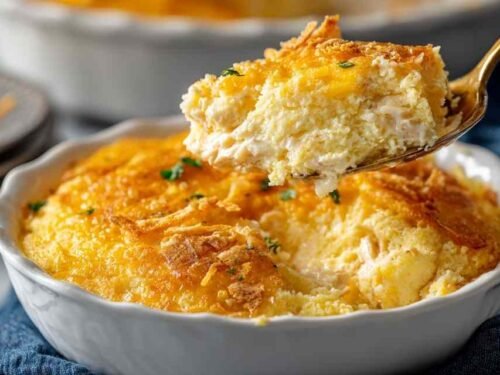 Dolly Parton's 5-Ingredient Casserole golden and bubbling fresh from the oven in a white baking dish