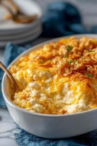 Dolly Parton's 5-Ingredient Casserole golden and bubbling fresh from the oven in a white baking dish