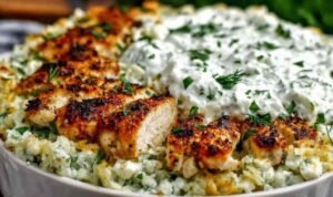 Dump-and-bake chicken tzatziki casserole in a white baking dish topped with crumbled feta and roasted vegetables