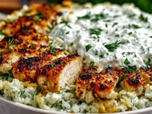 Dump-and-bake chicken tzatziki casserole in a white baking dish topped with crumbled feta and roasted vegetables