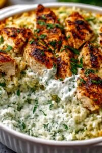 Dump-and-bake chicken tzatziki casserole in a white baking dish topped with crumbled feta and roasted vegetables