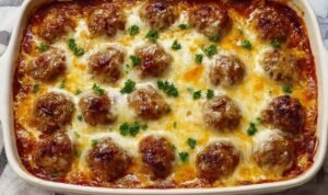 Dump-and-Bake Meatball Casserole Dump-and-bake meatball casserole with golden melted cheese and marinara sauce in a 9x13 baking dish