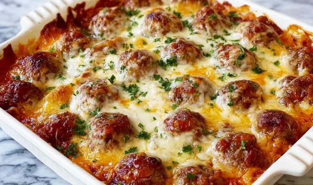 Dump-and-bake meatball casserole with golden melted cheese and marinara sauce in a 9x13 baking dish