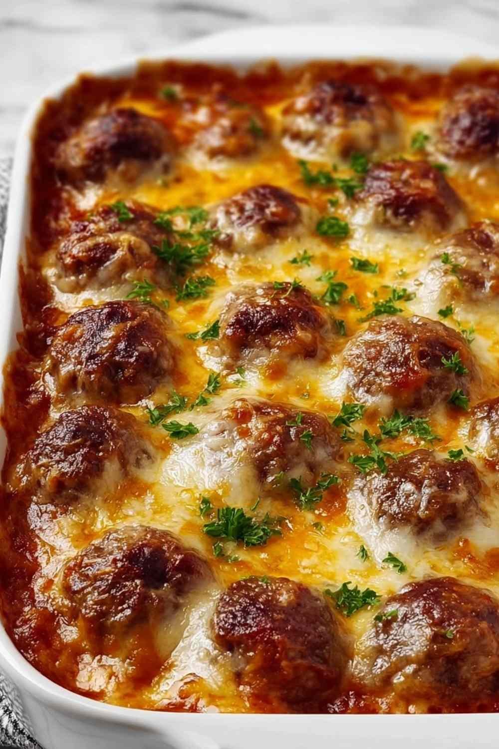 Dump-and-bake meatball casserole with golden melted cheese and marinara sauce in a 9x13 baking dish