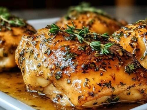 Easy baked honey Dijon chicken breasts in a white baking dish with a golden caramelized glaze and fresh parsley garnish