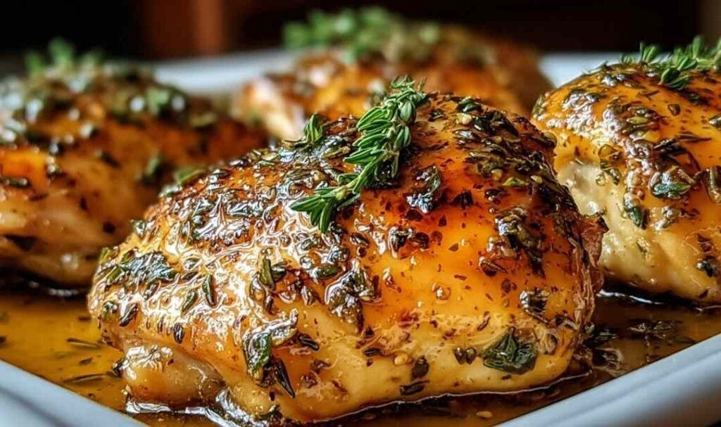 Easy baked honey Dijon chicken breasts in a white baking dish with a golden caramelized glaze and fresh parsley garnish